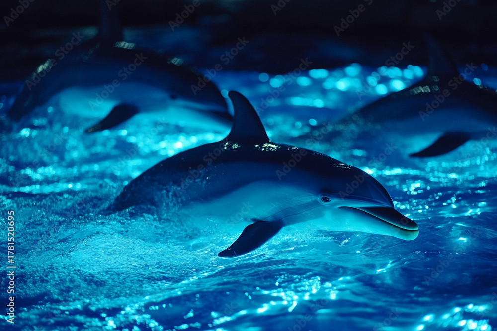 Fototapeta premium Dolphins and bioluminescent plankton lighting up the ocean at night