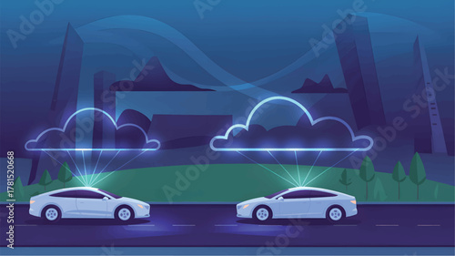 Two white electric cars on a road at night with glowing cloud symbols