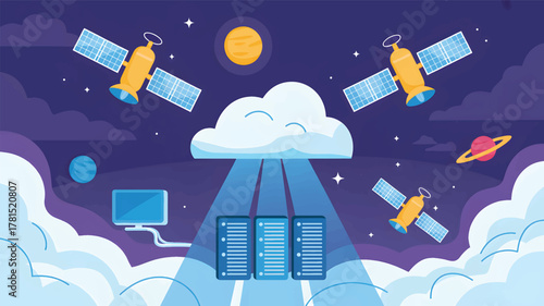 Satellites transmit data from space to servers below cloud