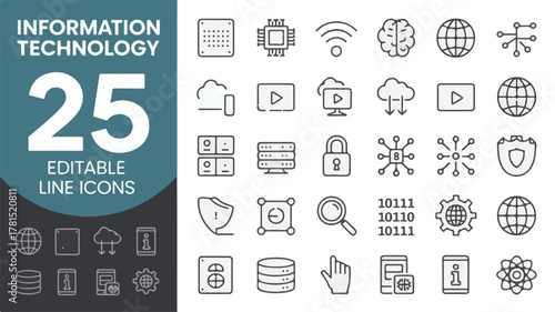 Set of 25 Editable Line Icons Representing Information Technology and Modern Digital Concepts