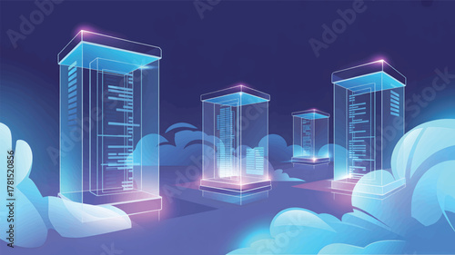 Glowing server towers in a futuristic digital landscape