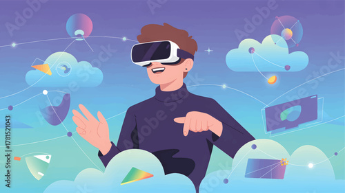 Man wearing V R headset interacting with digital elements