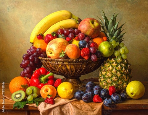 Basket of Fresh Tropical Fruits on Table