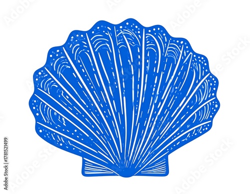 A vibrant blue seashell illustration against a plain white background. It showcases intricate linear details, and a scallop edge
