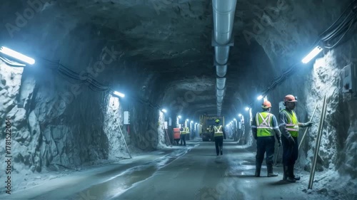 Medium shot of LED lighting fixtures illuminating deep limestone mine shafts with bright energyefficient glow enhancing worker safety and visibility.