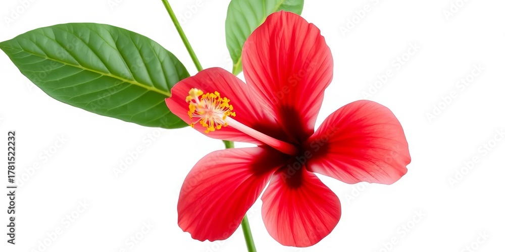 Fototapeta premium Single vibrant hibiscus flower, petals unfurled, isolated on pure white background, colorful, pistil