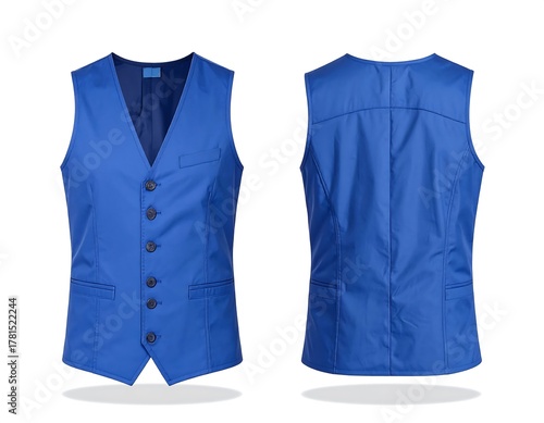 A vibrant blue waistcoat photographed in front and back views against a plain white background, offering complete display
