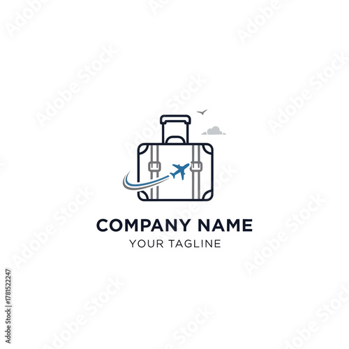 Creative travel company logo design with suitcase and airplane.