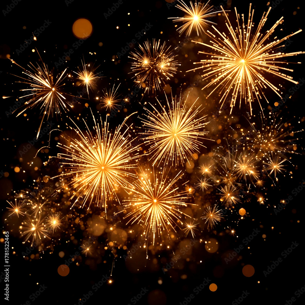 Fototapeta premium Gold and dark Fireworks and bokeh in New Year eve and copy space.