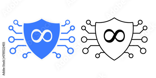 Future proof shield icon featuring a shield with infinity symbol and smooth digital edge. Perfect for long term data protection, reliable system security, and enduring technology design.