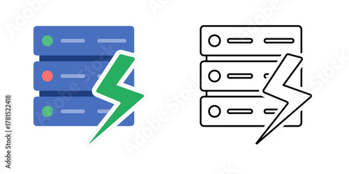 Sustainable data center icon showing a server stack with green energy bolt. Ideal for eco friendly hosting, renewable computing systems, and efficient digital storage themes.