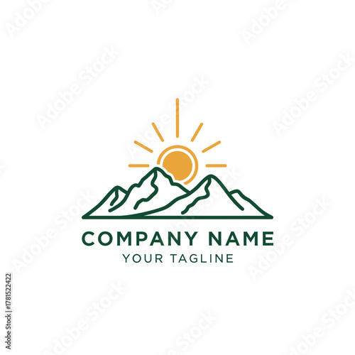 Minimalist Mountain Logo with Rising Sun for Outdoor Adventure Company.