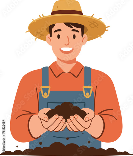 A smiling farmer in a straw hat holds a handful of soil on World Soil Day.