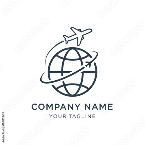 Travel agency logo with an airplane circling a stylized globe icon.