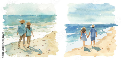 couple walking on the beach watercolor vector illustration