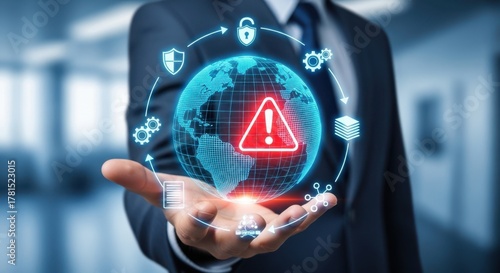 Global Cyber Threat Alert: Hand Holding Earth Globe with Red Exclamation Mark Surrounded by Security Icons for Worldwide Digital Danger and Network Defense