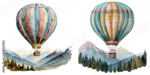 flying hot air balloon with mountain view watercolor vector illustration