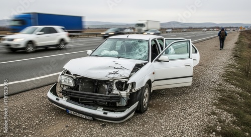 Car Accident Emergency: Heavily Damaged White Car on the Side of a Highway with Blurred Traffic and a Person Walking Away for Insurance and Road Safety