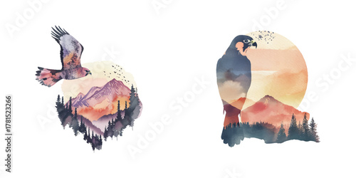 imagine silhouette falcon with mountain scene inside watercolor vector illustration