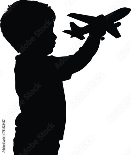 Young boy joyfully playing with an airplane toy in a silhouette style