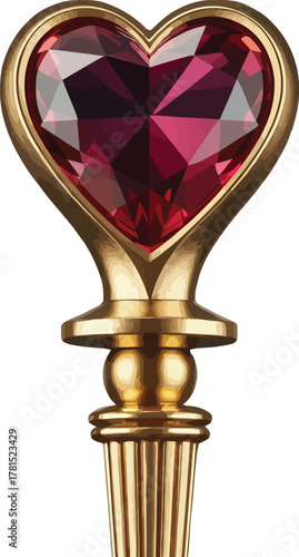 Elegant gold bottle stopper with a faceted ruby red heart gemstone design element