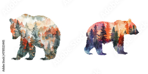 imagine silhouette bear with forest scene inside watercolor vector illustration