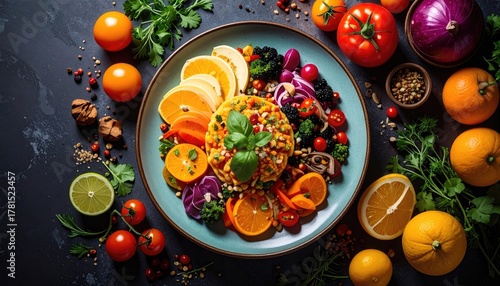 Vibrant Colorful Gourmet Salad Bowl Overflowing With Fresh Organic Vegetables Fruits And Grains Garnished With Fresh Herbs And Served On A Dark Textured Background A Top Down View