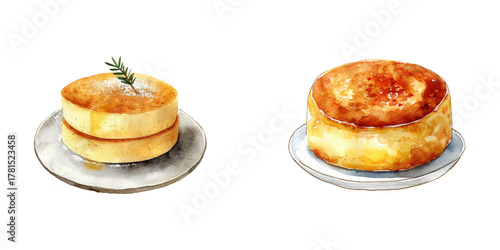 japanese souffle pancake watercolor vector illustration