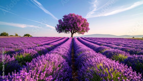 Vibrant Lavender Field Under A Clear Blue Sky With A Lone Blooming Tree At Sunset Warm Golden Hour Light Illuminating The Purple Flowers And Rolling Hills In The Distance