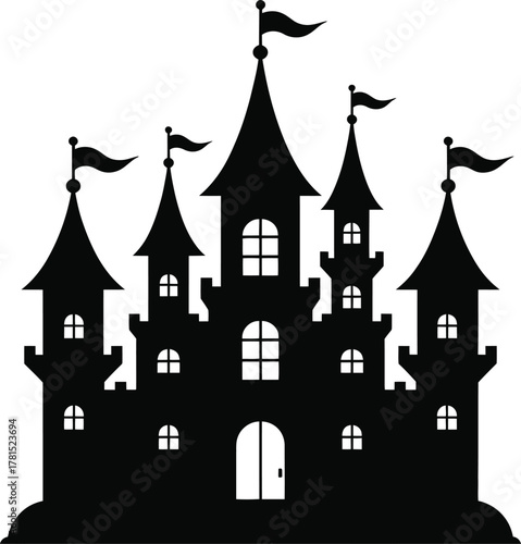 Enchanting fairy tale castle with turrets and flags silhouette