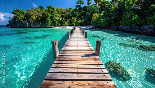 Wooden Pier Over Crystal Clear Turquoise Ocean Water Leading to Lush Tropical Island Greenery Under Bright Sunlight