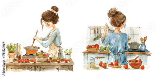 mom cooking on kitchen watercolor vector illustration