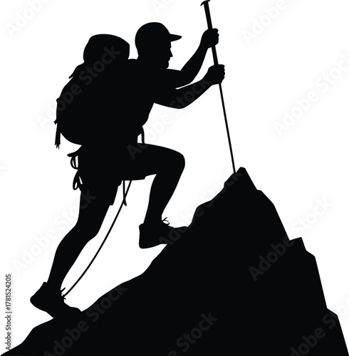 Silhouette of a hiker with a trekking pole ascending a mountain peak representing adventure and outdoor exploration silhouette