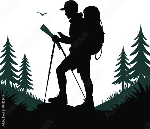 Silhouette of a hiker with a map and trekking poles amidst pine trees
