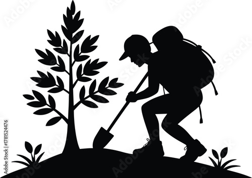 Silhouette of a hiker planting a tree with shovel and backpack
