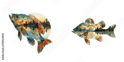 silhouette crappie fish with lake scene inside watercolor vector illustration