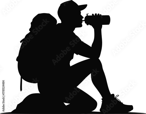 Hiker resting and drinking water in a minimalist silhouette style