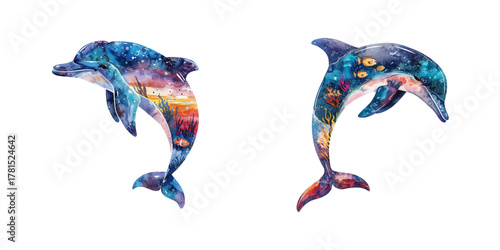 silhouette dolphin with underwater scene inside watercolor vector illustration