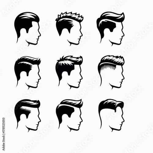 Nine different men's hairstyles in a grid on white background male haircut.