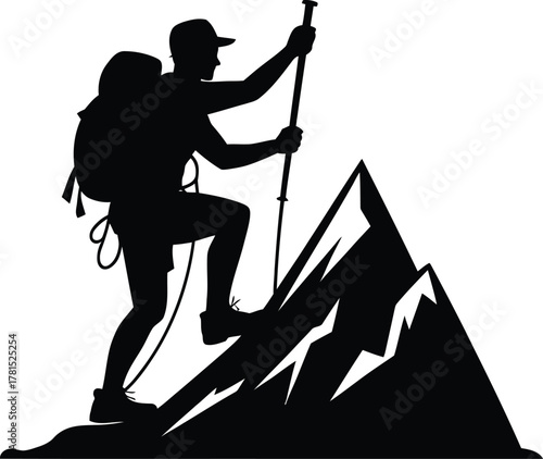 Silhouette of a mountaineer with a trekking pole reaching a mountain peak