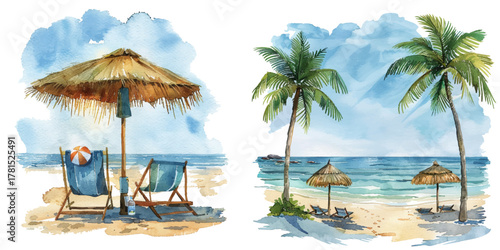 summer beach painting watercolor vector illustration