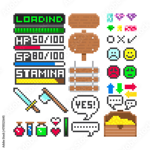 Set of pixel game icon collection on white background with Weapons and Power Ups.