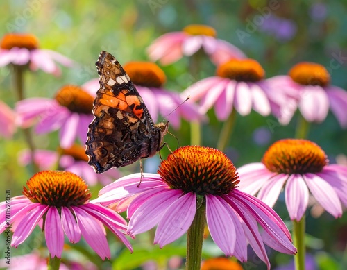 A vibrant butterfly, with patterned wings, delicately perched on a purple coneflower, amidst a field of similar blooms