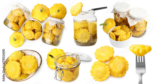 Marinated pattypan squashes isolated on white, set