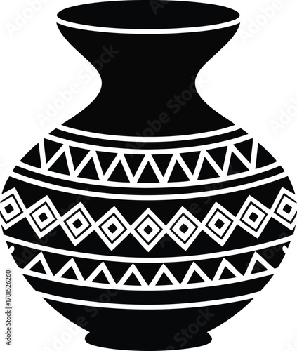 Tribal pattern pottery vase vessel silhouette design with intricate geometric motifs