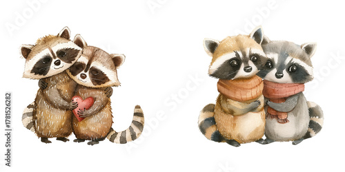 valentines couple raccoon watercolor vector illustration