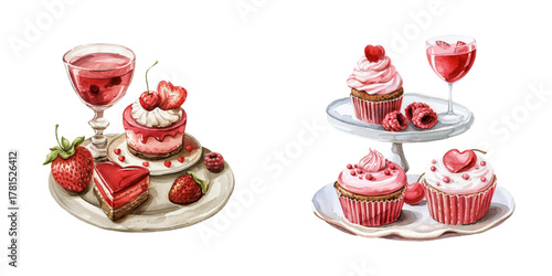 valentines desserts watercolor vector illustration