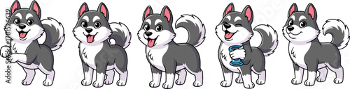 Cartoon husky dog poses, gray and white coat, playful pet illustration, happy expressions, character design, animal clipart, cute puppy set, dog actions