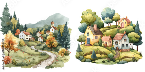 village lanscape watercolor vector illustration