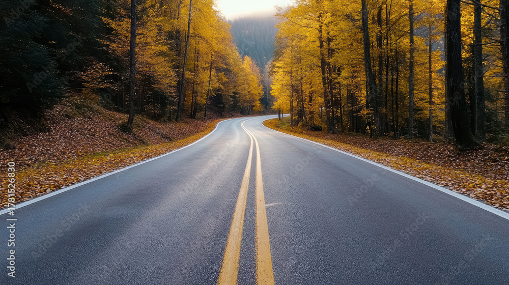 Fototapeta premium Winding road autumn trees golden foliage forest lane empty highway